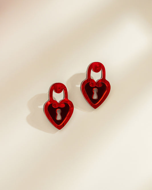 Locked Heart Red Earrings